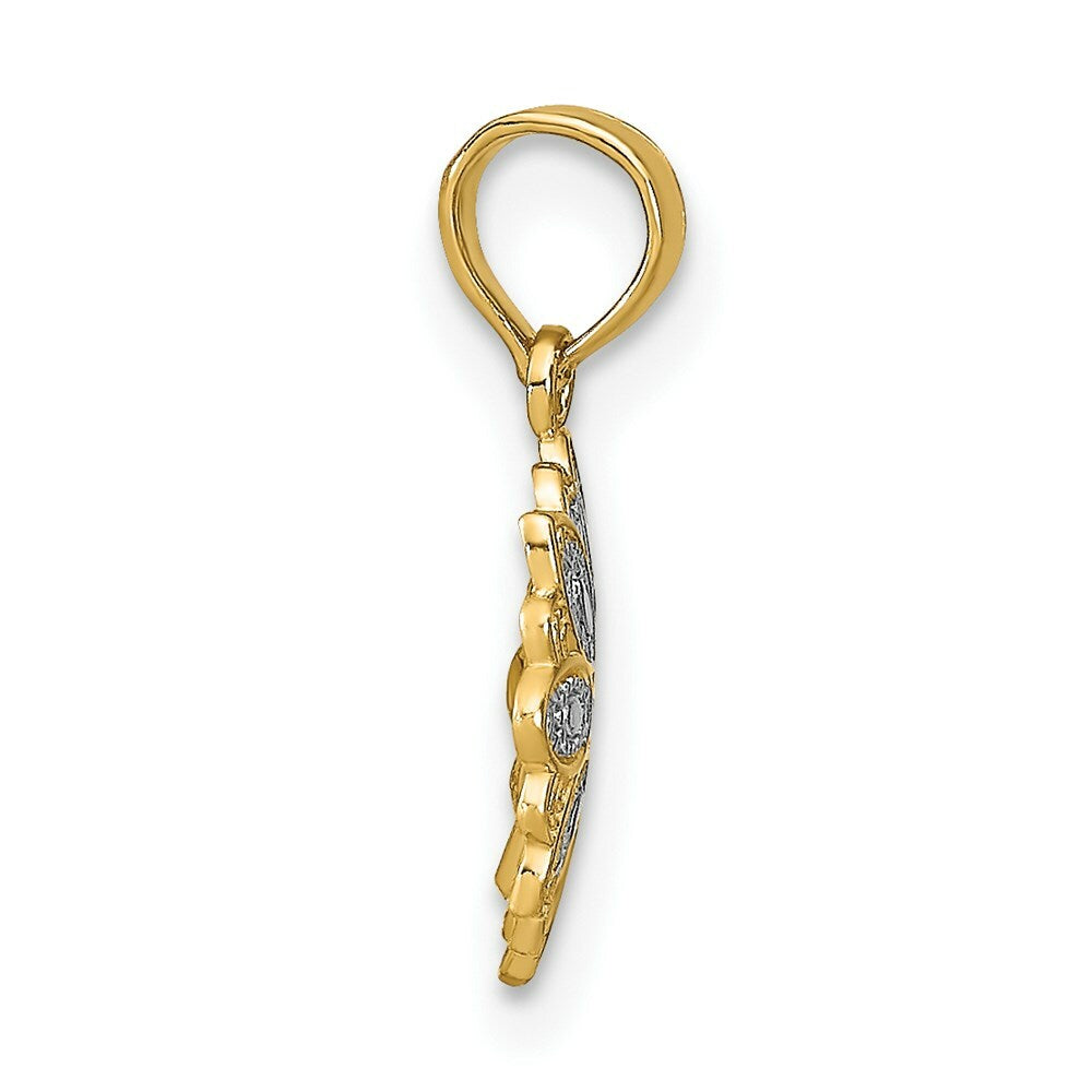 14K Yellow Gold with White Rhodium with Diamond-cut Mini Filigree Flower Charm Pendant