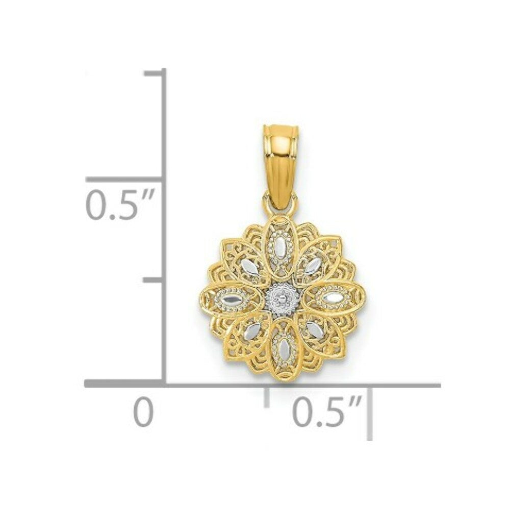 14K Yellow Gold with White Rhodium with Diamond-cut Mini Filigree Flower Charm Pendant