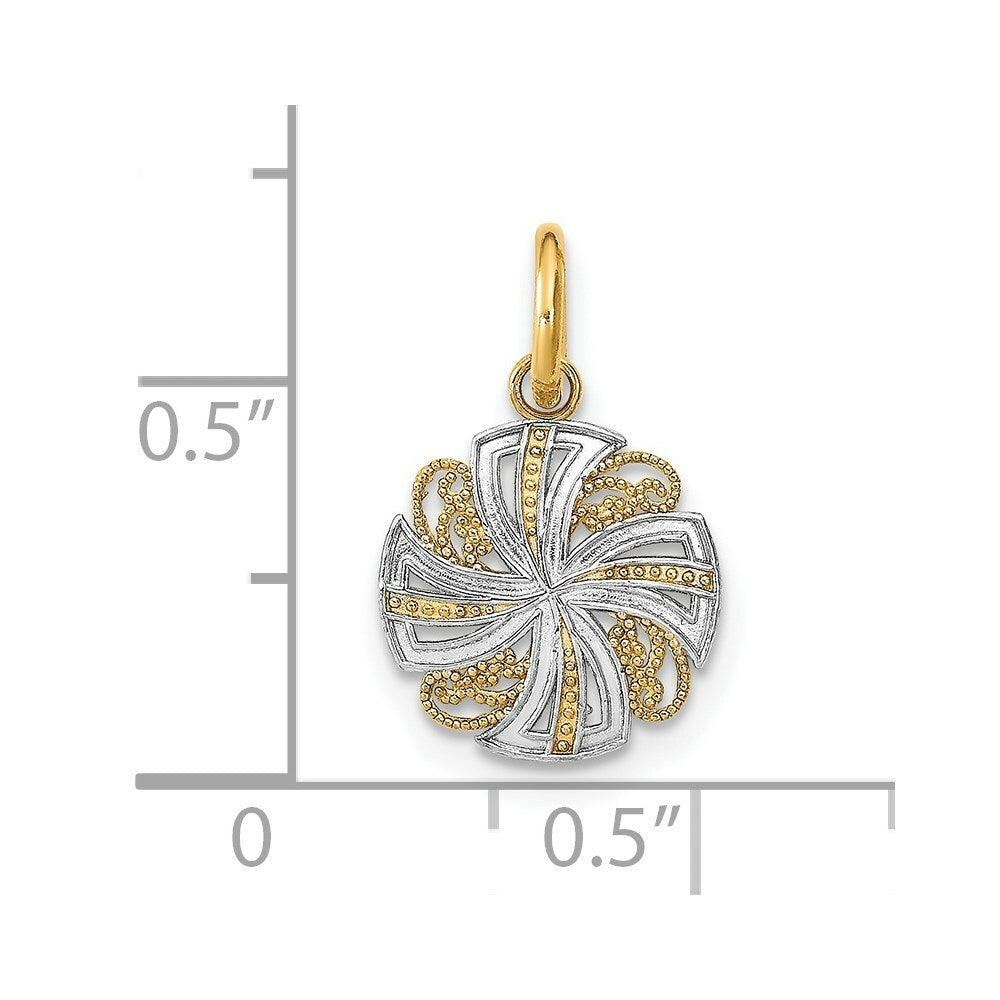 14K Yellow Gold with White Rhodium with Diamond-cut Mini Pinwheel Medallion Charm Pendant