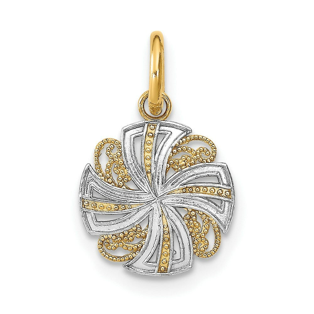 14K Yellow Gold with White Rhodium with Diamond-cut Mini Pinwheel Medallion Charm Pendant