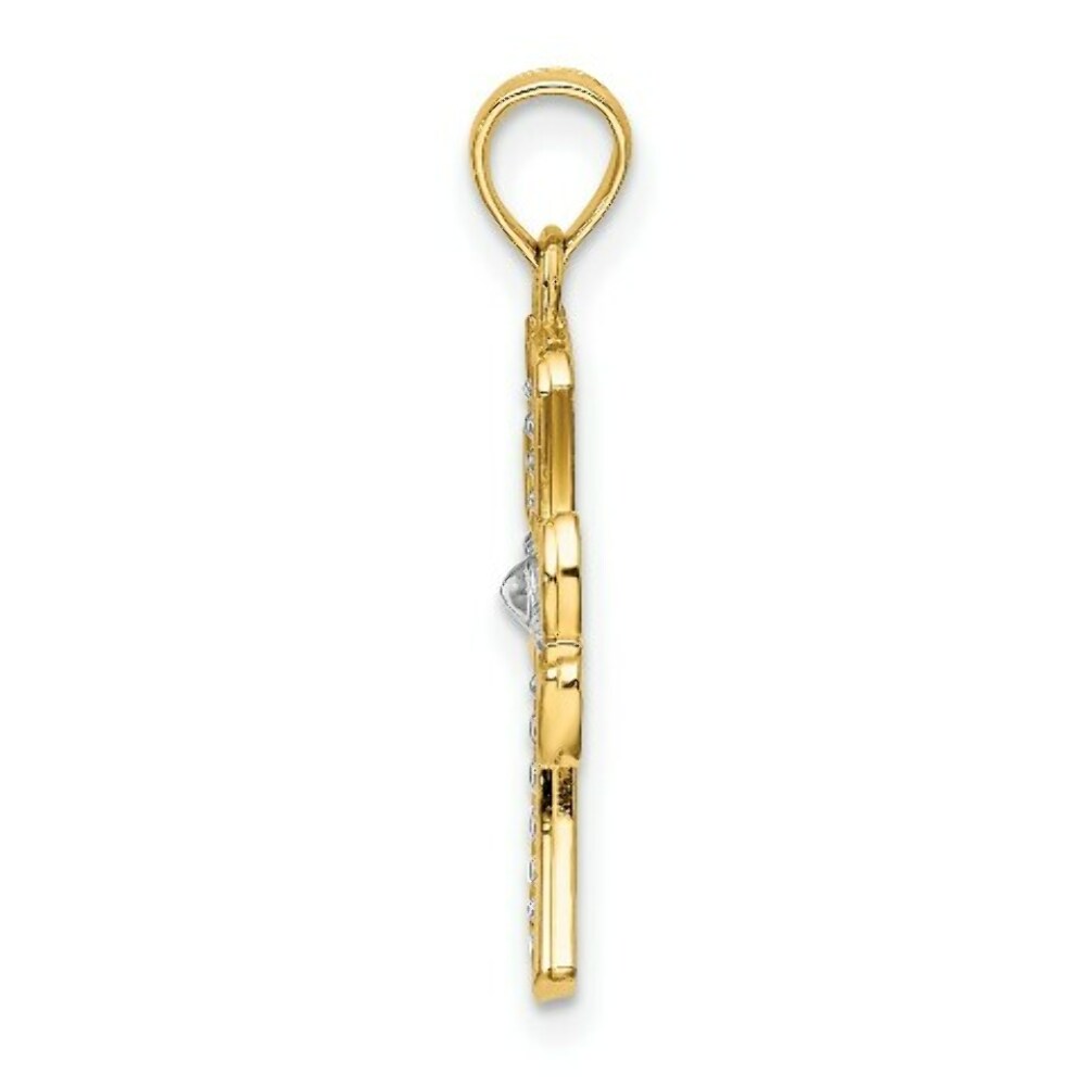 14K Yellow Gold with White Rhodium Textured Cross Charm Pendant