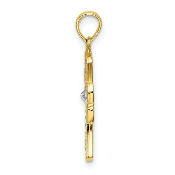 14K Yellow Gold with White Rhodium Textured Cross Charm Pendant
