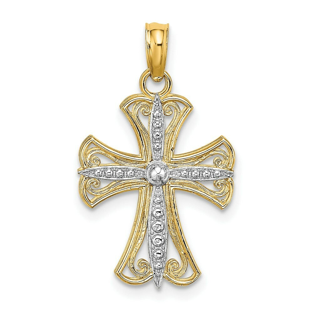 14K Yellow Gold with White Rhodium Textured Cross Charm Pendant