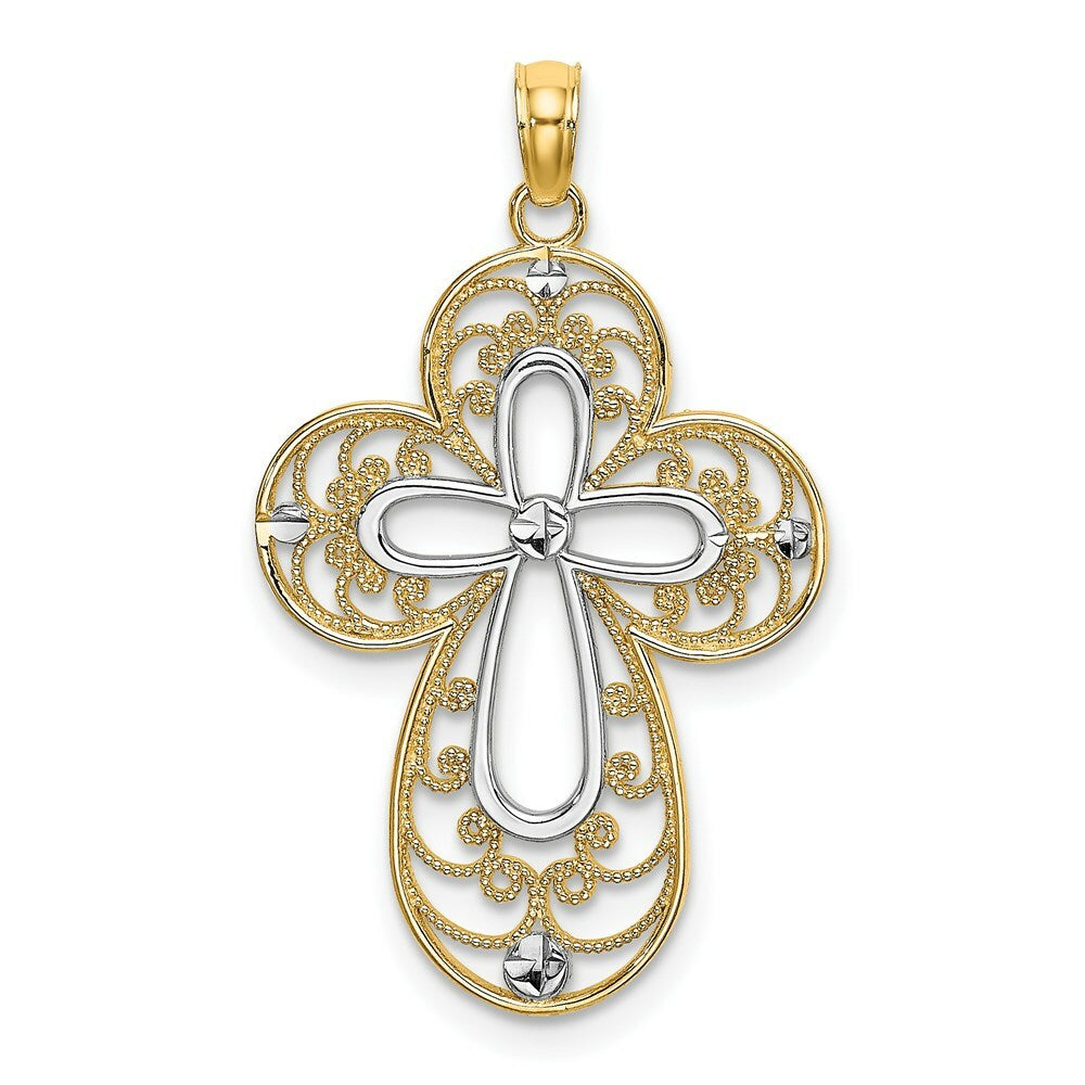 14K Yellow Gold with White Rhodium Diamond-cut Filigree Cross Charm Pendant