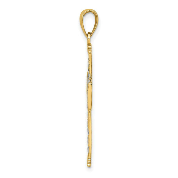 14K Yellow Gold with White Rhodium Diamond-cut with Cut-Out Cross Charm Pendant