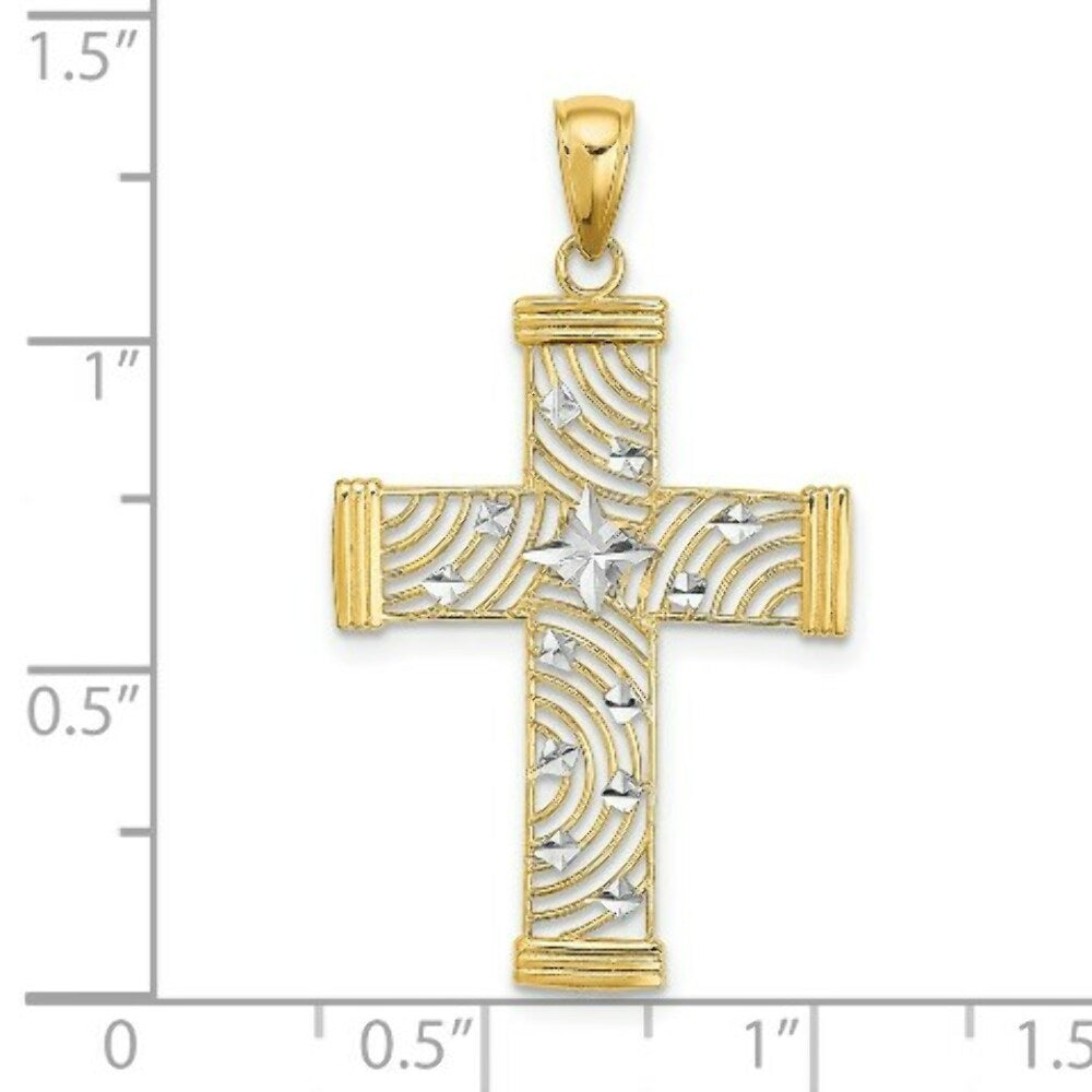 14K Yellow Gold with White Rhodium Diamond-cut with Cut-Out Cross Charm Pendant