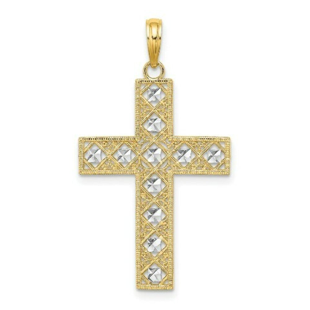 14K Yellow Gold with White Rhodium Diamond-cut with Cut-Out Cross Charm Pendant