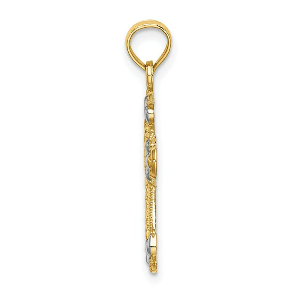 14K Yellow Gold with White Rhodium with Diamond-cut Fleur-De-Lis Cross Charm Pendant
