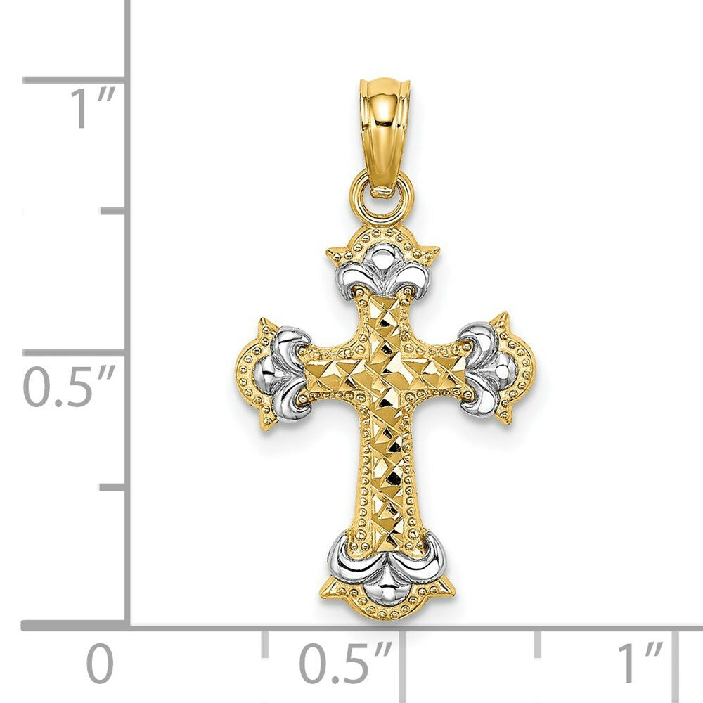 14K Yellow Gold with White Rhodium with Diamond-cut Fleur-De-Lis Cross Charm Pendant