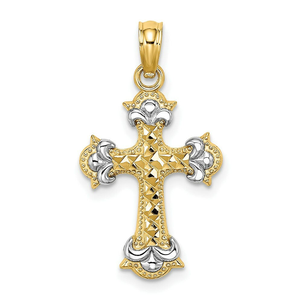 14K Yellow Gold with White Rhodium with Diamond-cut Fleur-De-Lis Cross Charm Pendant