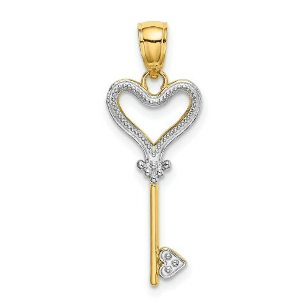 14K Yellow Gold with White Rhodium Key With Heart Charm Pendant