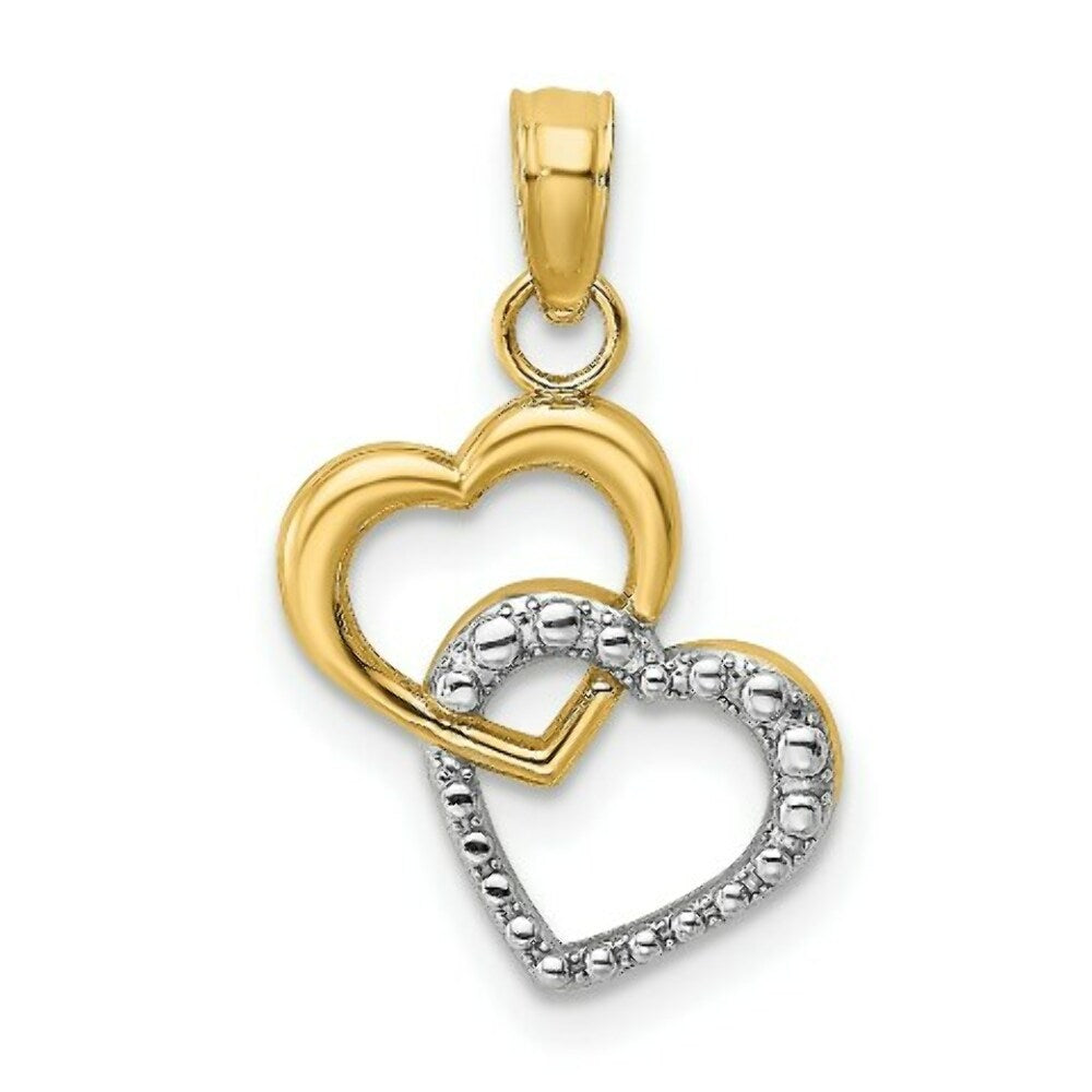 14K Yellow Gold with White Rhodium Polished with Textured Intertwined Hearts Charm Pendant