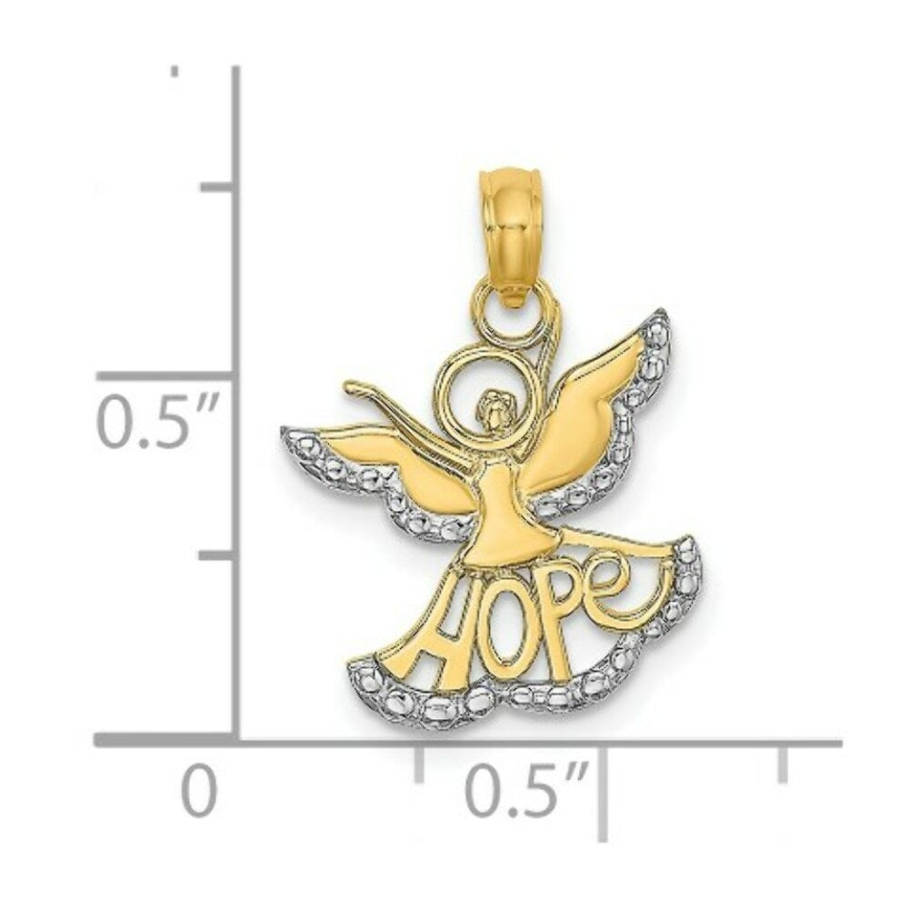 14K Yellow Gold with White Rhodium Polished Textured Cut-Out Angel With Hope Charm Pendant
