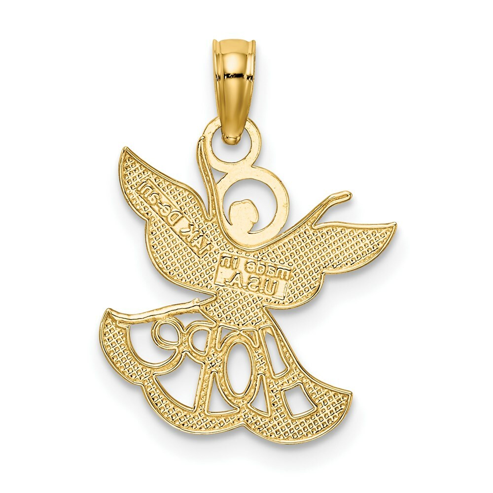 14K Yellow Gold with White Rhodium Polished Textured Cut-Out Angel With Hope Charm Pendant
