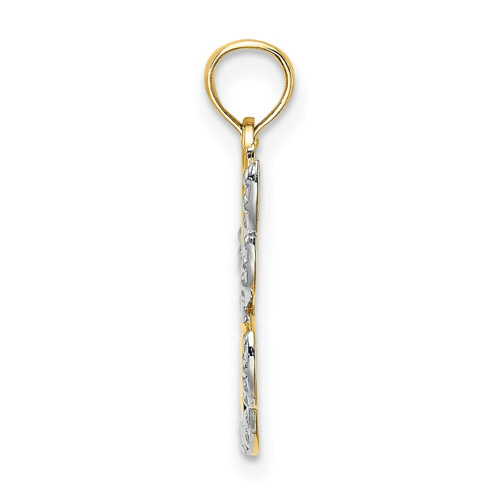 14K Yellow Gold with White Rhodium Polished Textured Cut-Out Angel With Hope Charm Pendant