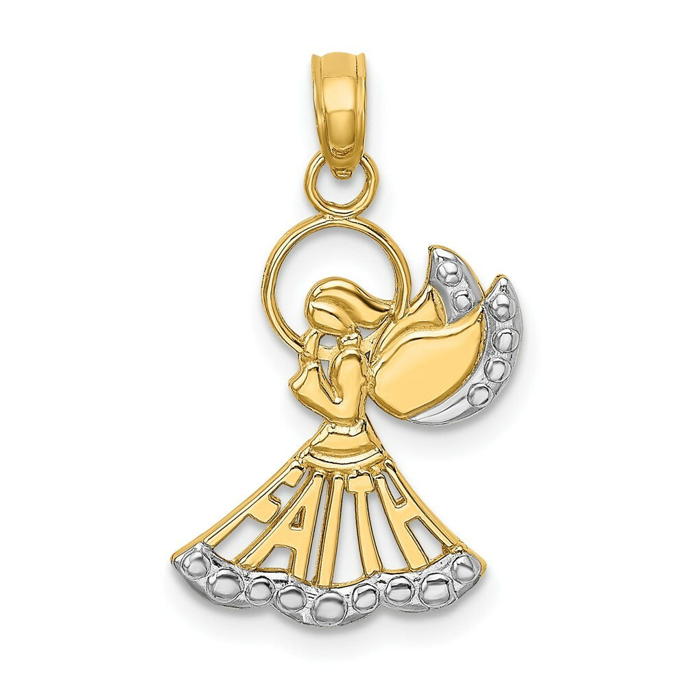 14K Yellow Gold with White Rhodium Polished with Textured Angel With Faith Charm Pendant
