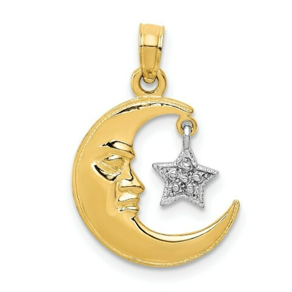 14K Two-tone Gold Polished Open-Backed Half Moon & Star Pendant