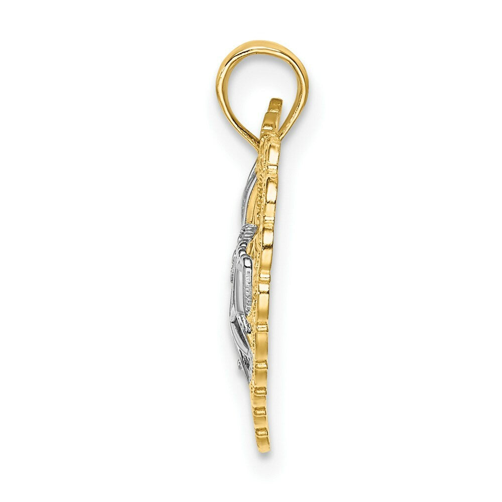 14K Yellow Gold with White Rhodium Cut-Out Mom Inside Scallop Heart Charm Pendant
