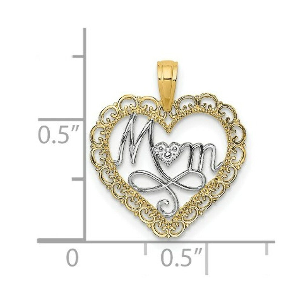 14K Yellow Gold with White Rhodium Cut-Out Mom Inside Scallop Heart Charm Pendant