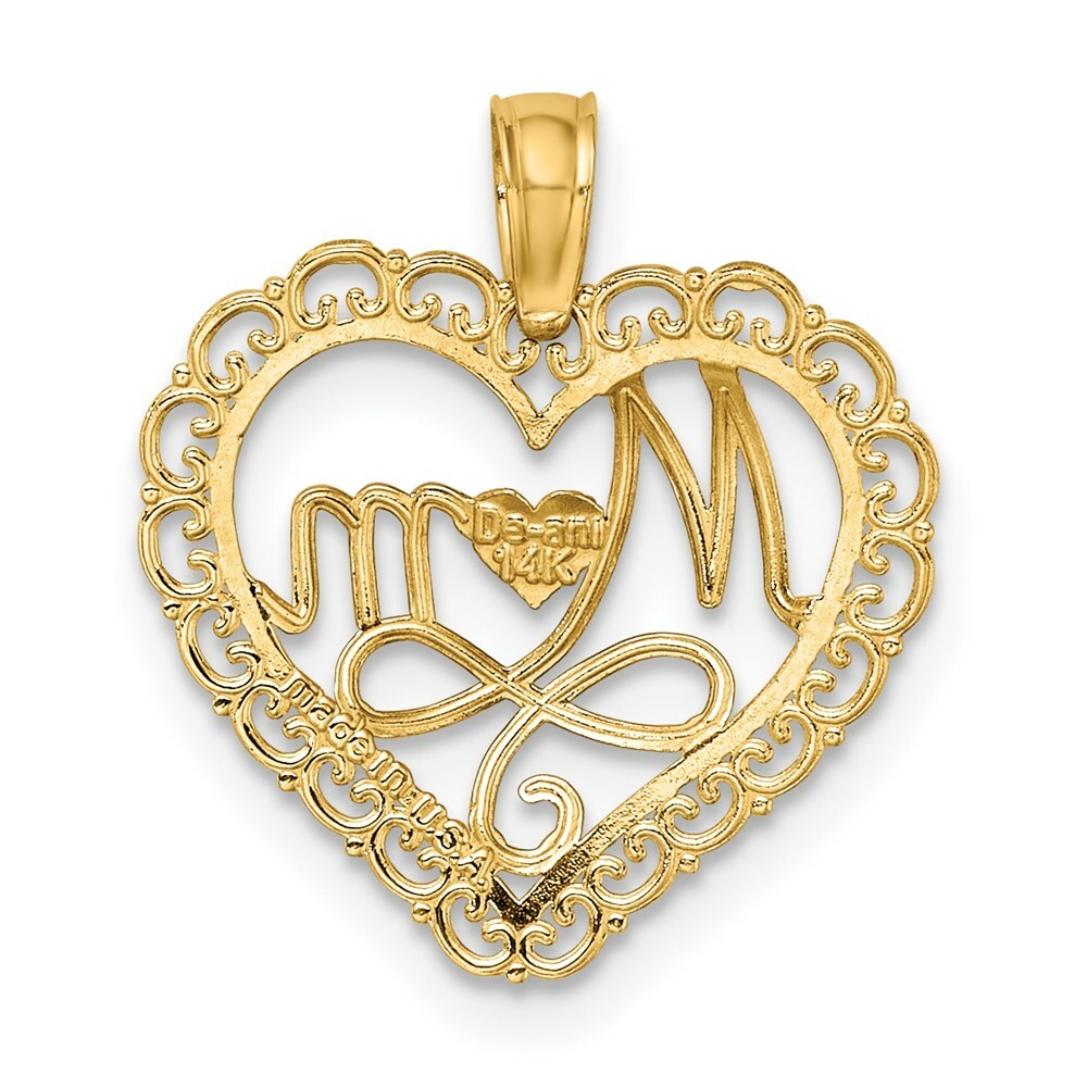 14K Yellow Gold with White Rhodium Cut-Out Mom Inside Scallop Heart Charm Pendant