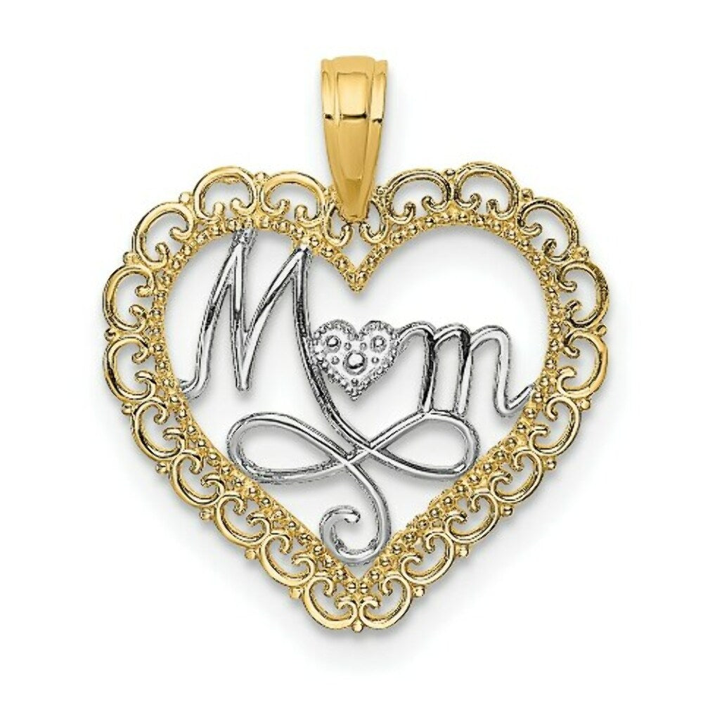14K Yellow Gold with White Rhodium Cut-Out Mom Inside Scallop Heart Charm Pendant