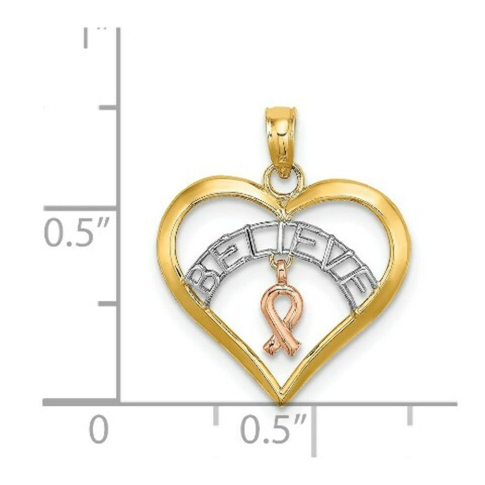 14K Tri-Color Gold BELive in Heart With Breast Cancer Ribbon