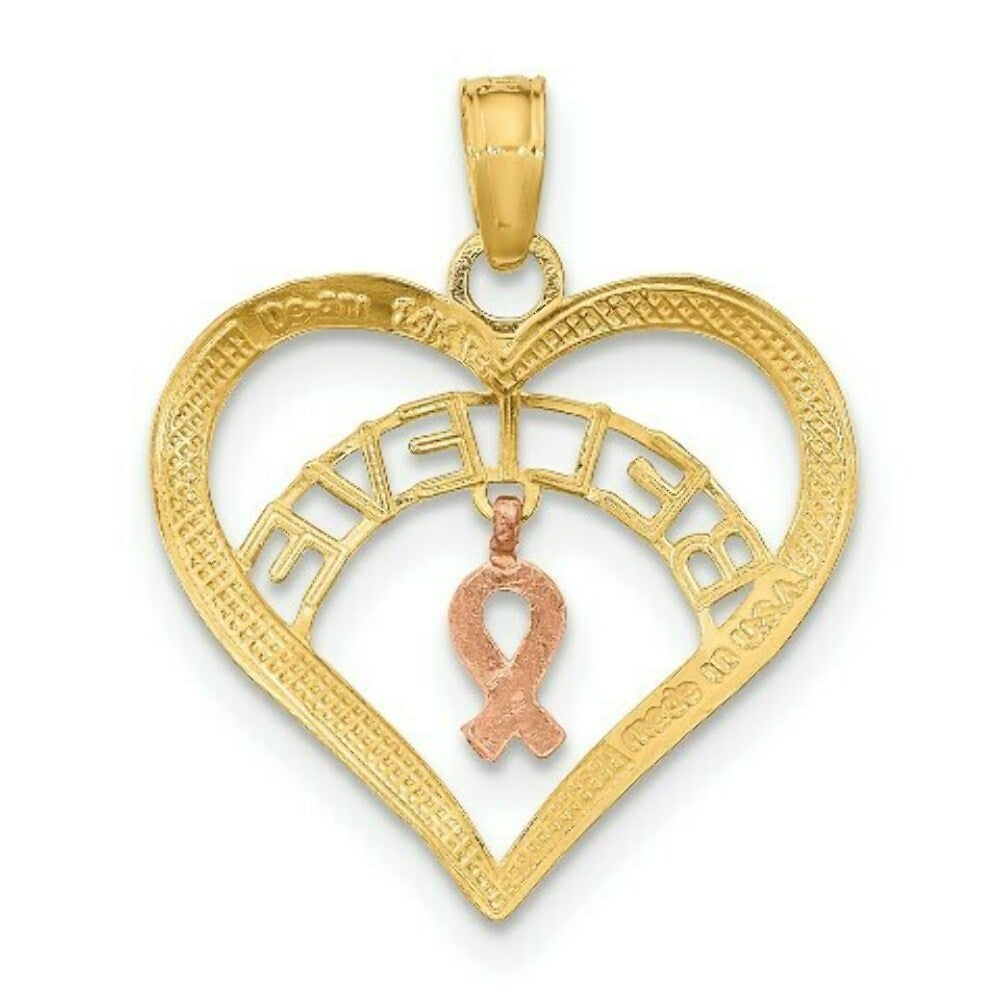 14K Tri-Color Gold BELive in Heart With Breast Cancer Ribbon