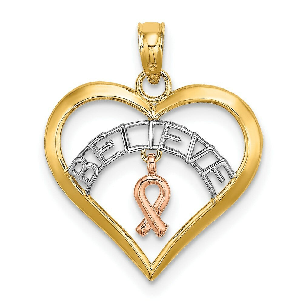 14K Tri-Color Gold BELive in Heart With Breast Cancer Ribbon