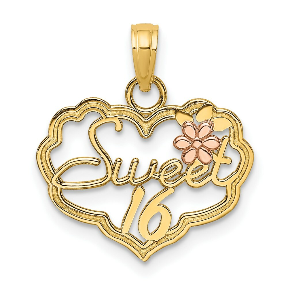 14K Two-Tone Gold Sweet 16 Heart With Flower Charm Pendant