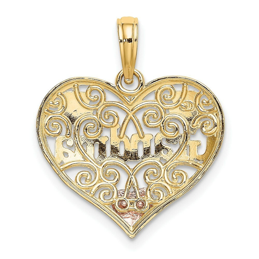 14K Tri-Color Gold Grandma In Filigree Heart Charm Pendant