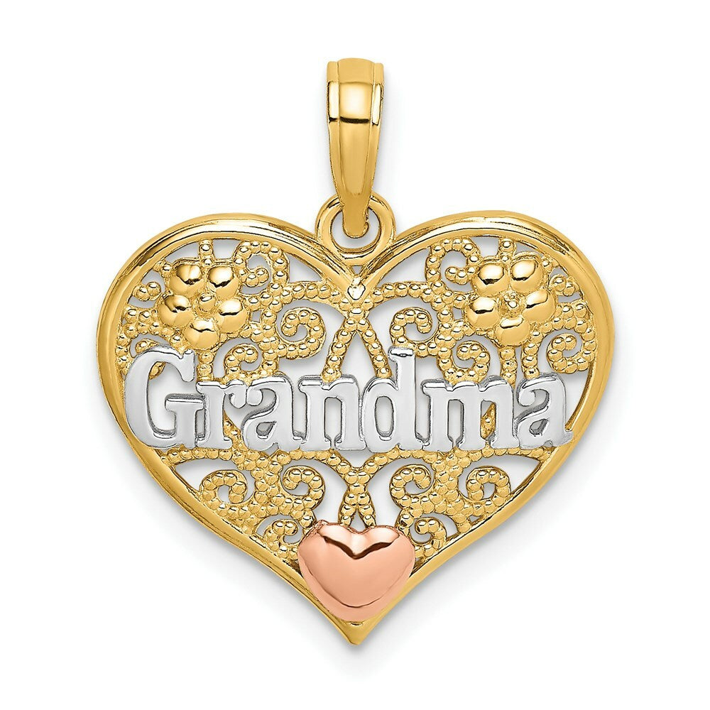 14K Tri-Color Gold Grandma In Filigree Heart Charm Pendant