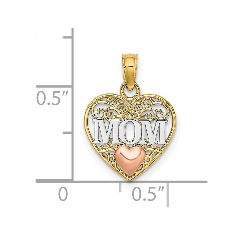 14K Two-Tone Gold & White Polished MOM and Heart in Heart Pendant