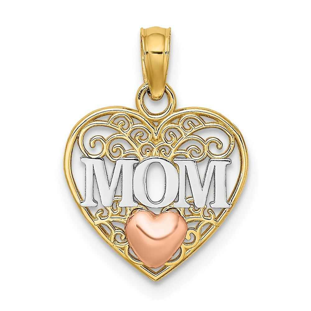 14K Two-Tone Gold & White Polished MOM and Heart in Heart Pendant