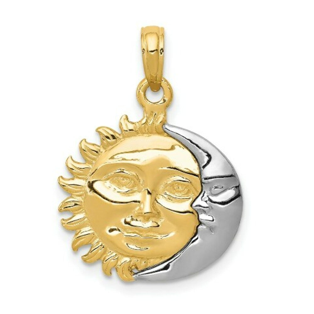 14K Two-tone Gold Solid Polished 3-Dimensional Sun & Moon Pendant