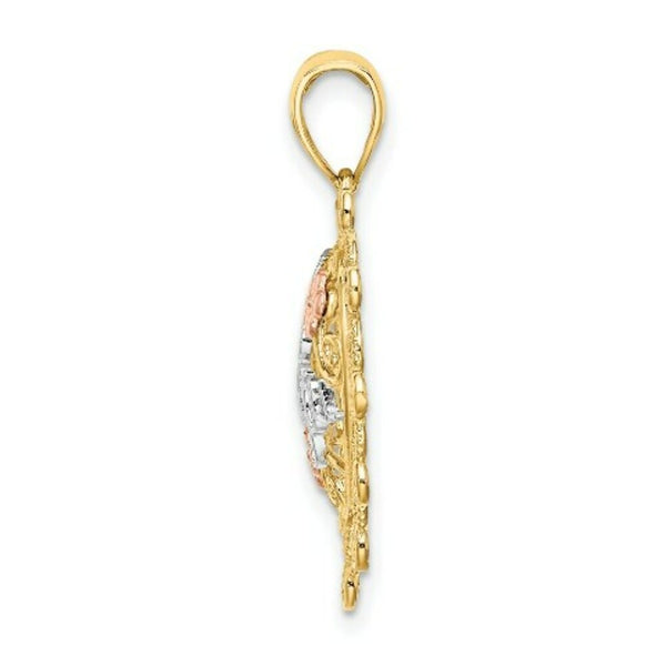14K Tri-Color Gold I Love You In Filligree Heart & Flower Charm Pendant