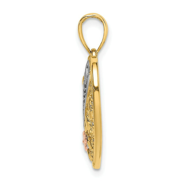 14K Tri-Color Gold Grandma In Filigree Heart With Flowers Charm Pendant