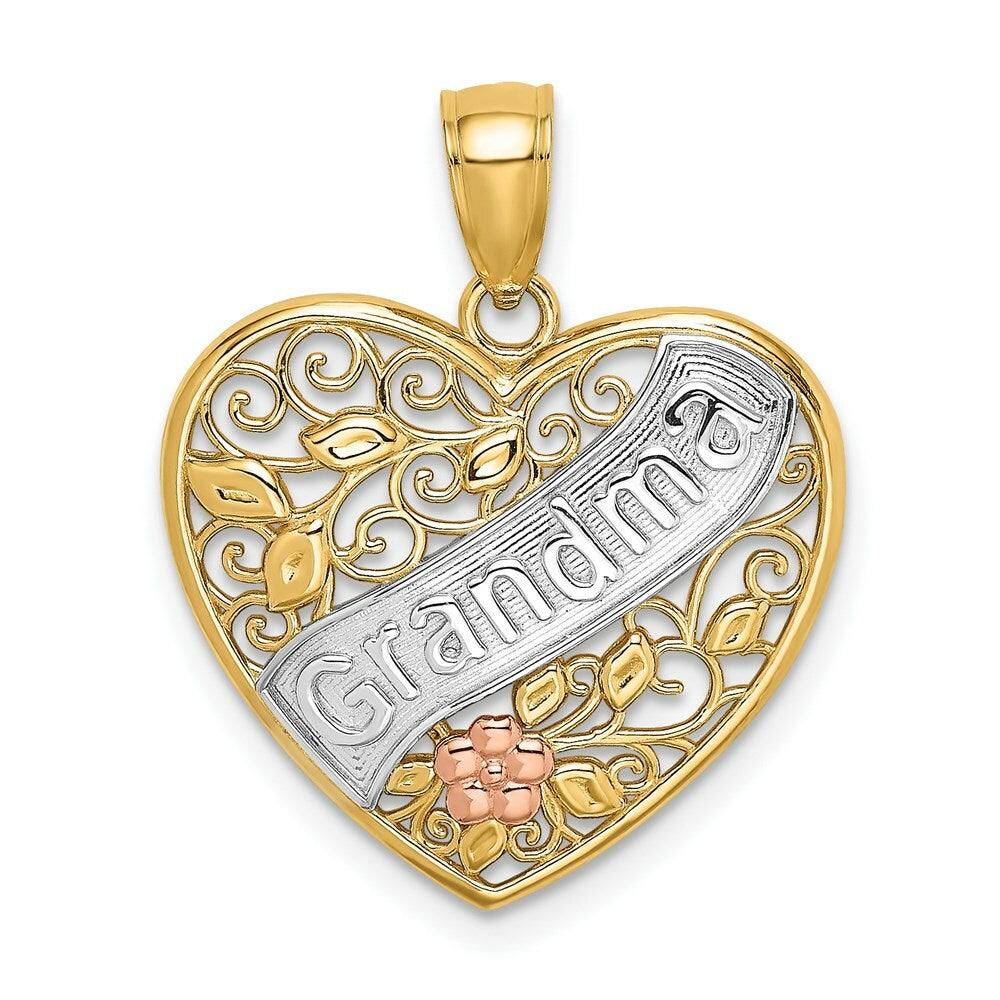14K Tri-Color Gold Grandma In Filigree Heart With Flowers Charm Pendant