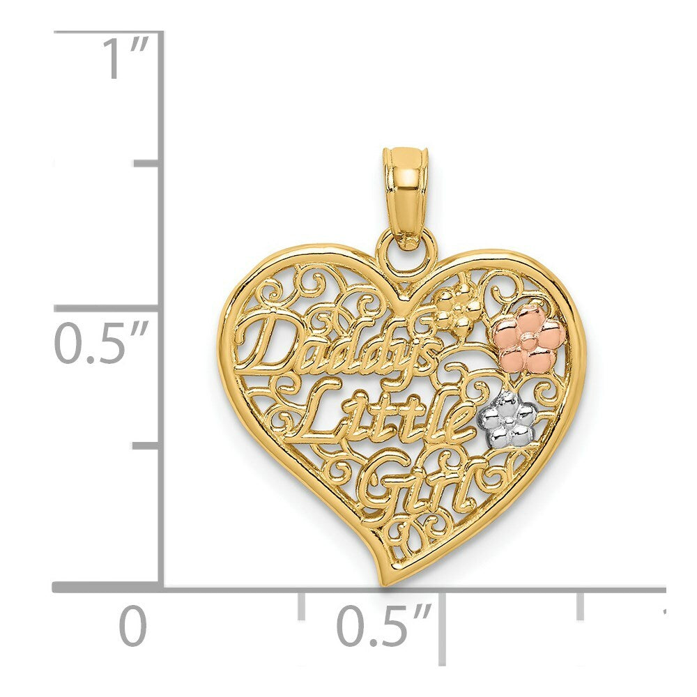 14K Tri-Color Gold DADDY'S LITTLE GIRL Filigree Heart With Flowers Charm Pendant