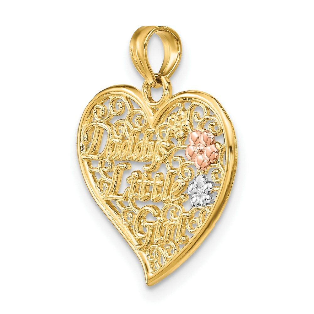 14K Tri-Color Gold DADDY'S LITTLE GIRL Filigree Heart With Flowers Charm Pendant