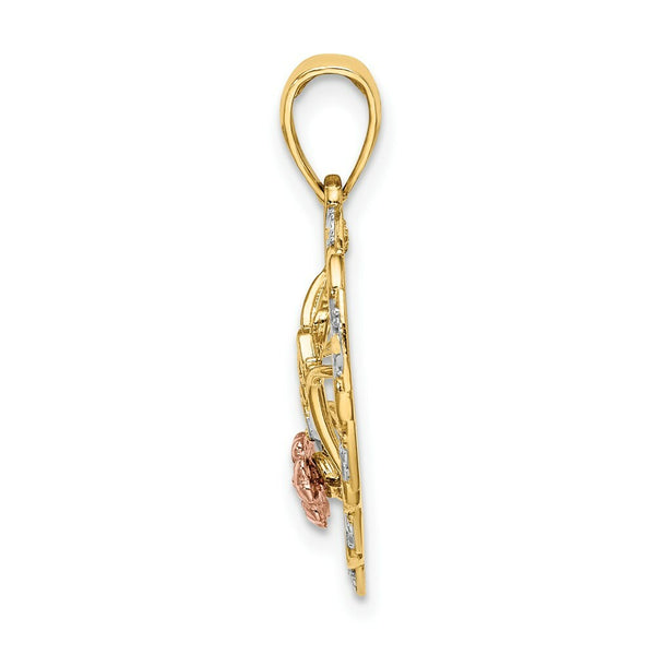 14K Tri-Color Gold I Love You In Heart With Flower Charm Pendant