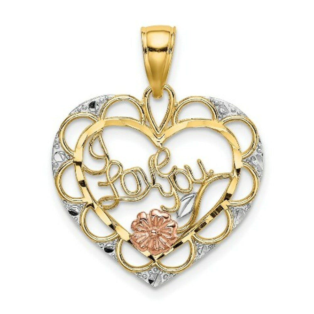 14K Tri-Color Gold I Love You In Heart With Flower Charm Pendant