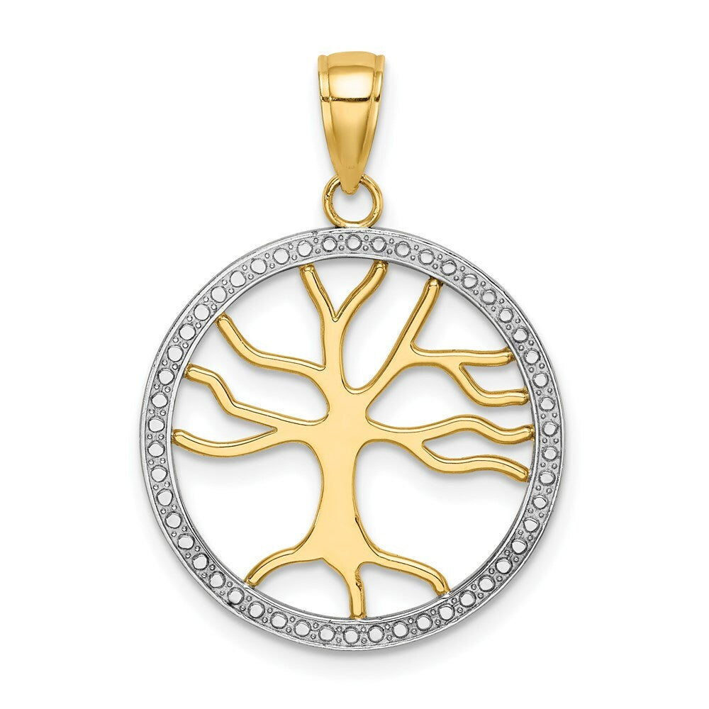 14k Yellow Gold and White Rhodium 3-D Large Tree of Life Round Frame Charm Pendant
