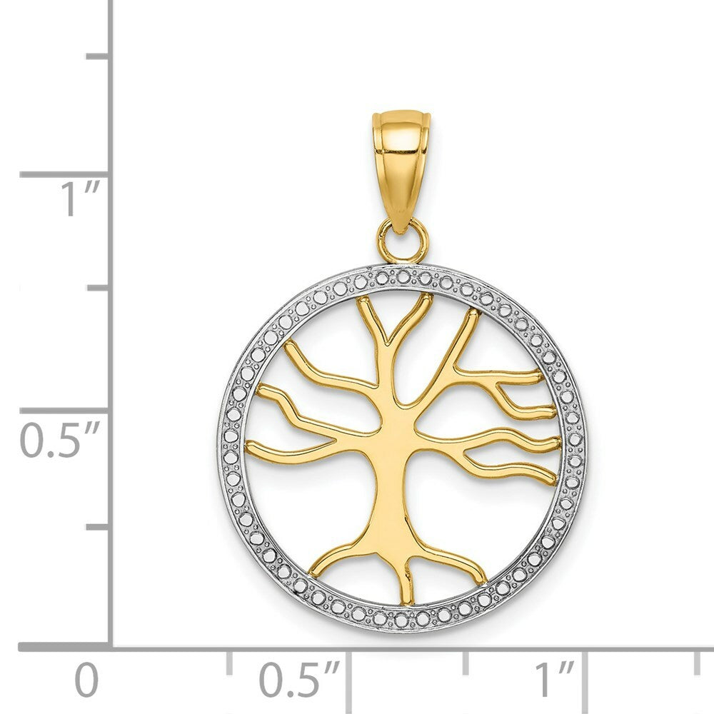 14k Yellow Gold and White Rhodium 3-D Large Tree of Life Round Frame Charm Pendant