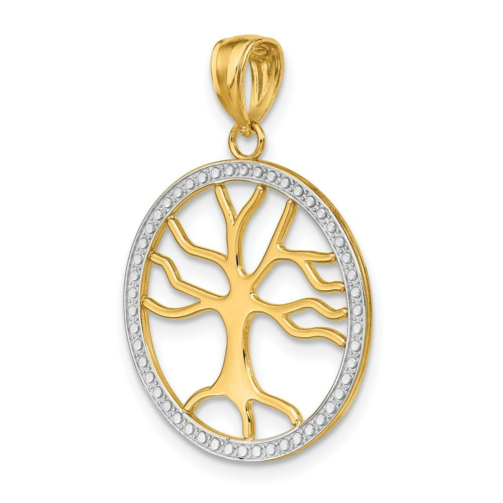14k Yellow Gold and White Rhodium 3-D Large Tree of Life Round Frame Charm Pendant