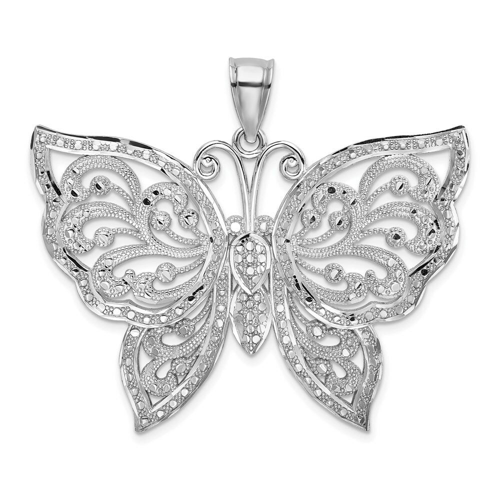 14K White Gold Large Diamond-cut Beaded Butterfly Charm Pendant