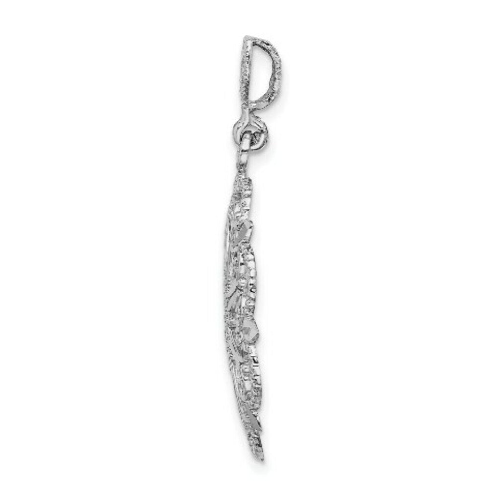 14K White Gold Starbust With Heart and Diamond-cut Beaded Scallop Edge Charm Pendant