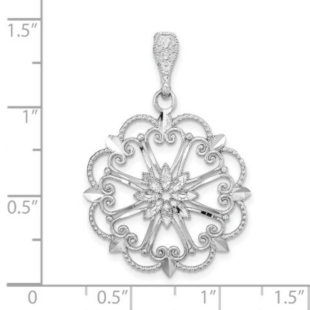 14K White Gold Starbust With Heart and Diamond-cut Beaded Scallop Edge Charm Pendant