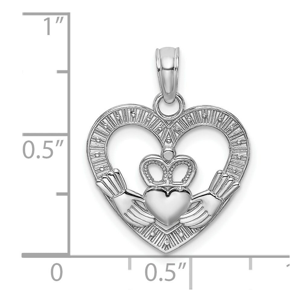14K White Gold Polished and Textured Heart Claddagh Charm Pendant