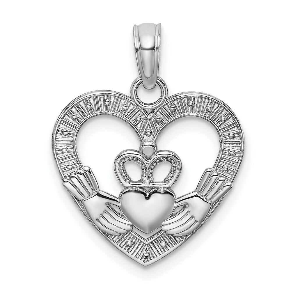 14K White Gold Polished and Textured Heart Claddagh Charm Pendant