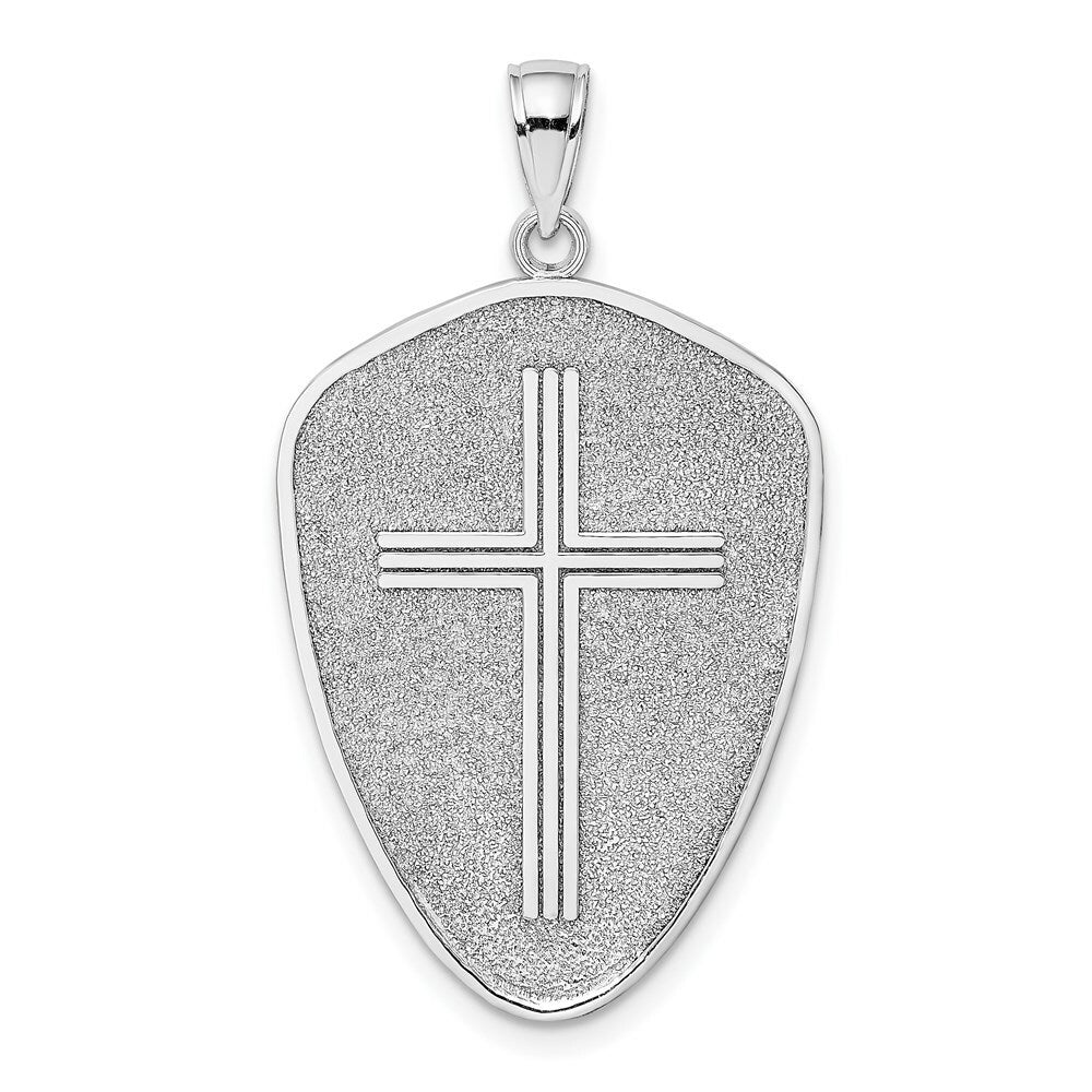 14k White Gold Cross Shield With Joshua 1:9 On Reverse Charm Pendant